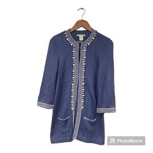 Anthropologie Nanette Lepore Women's Blue Cotton Sweater White Beading Sz Small